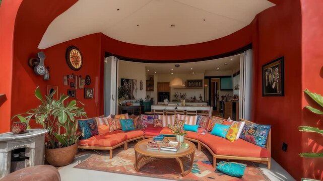 Colorful Boho Lounge with Terracotta Walls and Open Kitchen in Tropical Home
