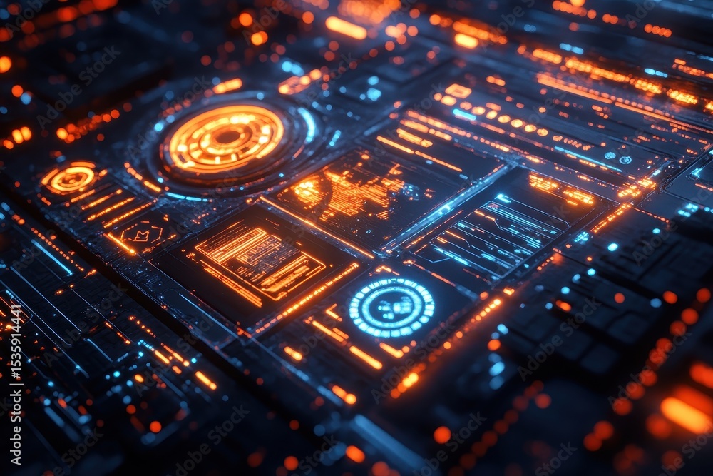 Poster Technological innovation circuit board with blue and orange glowing lights indicates the future of quantum computing and artificial intelligence systems