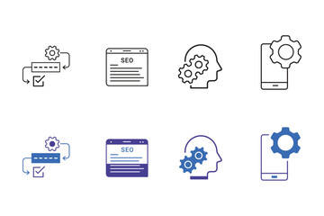 Optimization line and solid icon set. Options, configuration, preferences, adjustments, operation, gear, control panel, equalizer, optimization and setup icons. Editable vector illustration