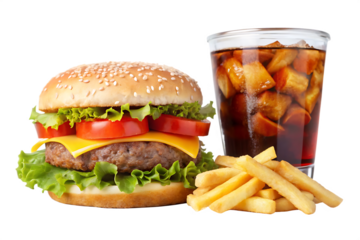 Cheeseburger with Sesame Seed Bun Lettuce Tomato and Cheese French Fries and Cola in Clear Glass Studio Lighting Shallow Depth of Field A I G E N E R A T E D... isolated on a transparent background