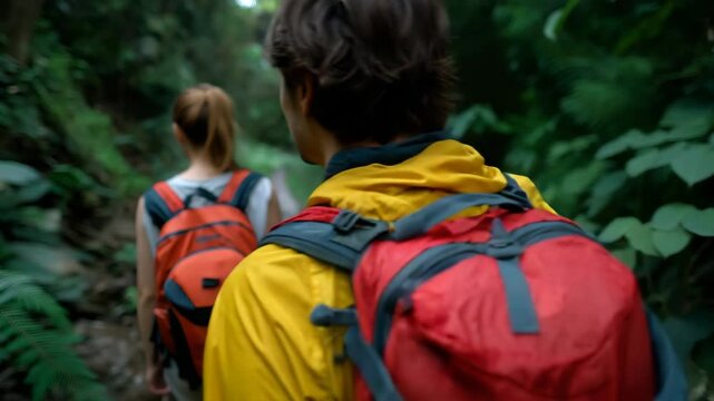 Adventurous hike through dense forest with backpackers exploring nature