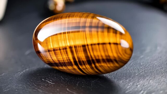 Close-up showcases polished tiger's eye gemstone, revealing golden hues and intricate striped patterns on a dark surface.
