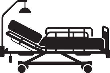 Black silhouette illustration of an adjustable hospital bed with lamp and medical treatment
