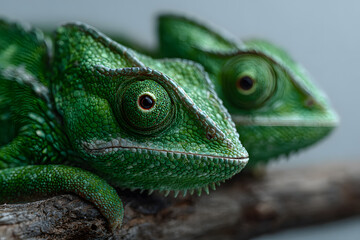 Obraz premium Close-up of Two Green Chameleons on Branch