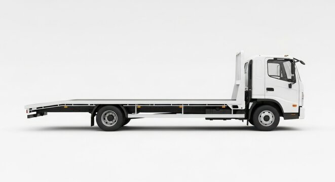 A side view of an empty white flatbed tow truck, isolated on white.