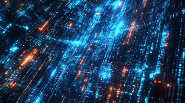 Abstract digital data flow background with glowing binary code and futuristic grid pattern