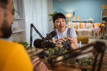 japanese woman at guest on podcast talk about home plants and gardening