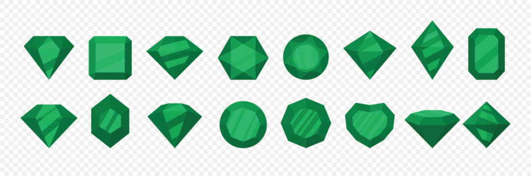 Green Gemstone Vector Set with Different Cuts. Emerald Crystal Icons in Various Shapes for Jewelry Design, Game, Treasure Graphics, Fantasy Icons, Craft Assets, Crystal Elements, Gemstone Illustration