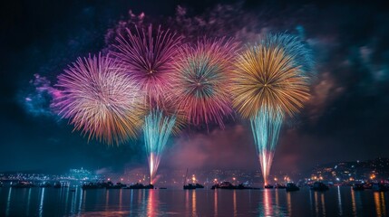 Colorful fireworks bursting near the ocean shore at night