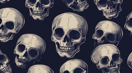 Seamless dark pattern with hand-drawn skulls on black background
