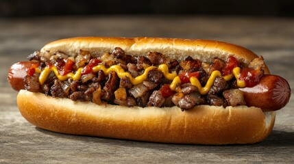 Loaded hot dog with meat, sauce, and toppings