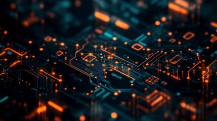 Obraz premium Electronic circuit board pattern in dark cyan and orange tones, abstract digital background design