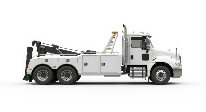 A white tow truck is shown in a side view against a white background.