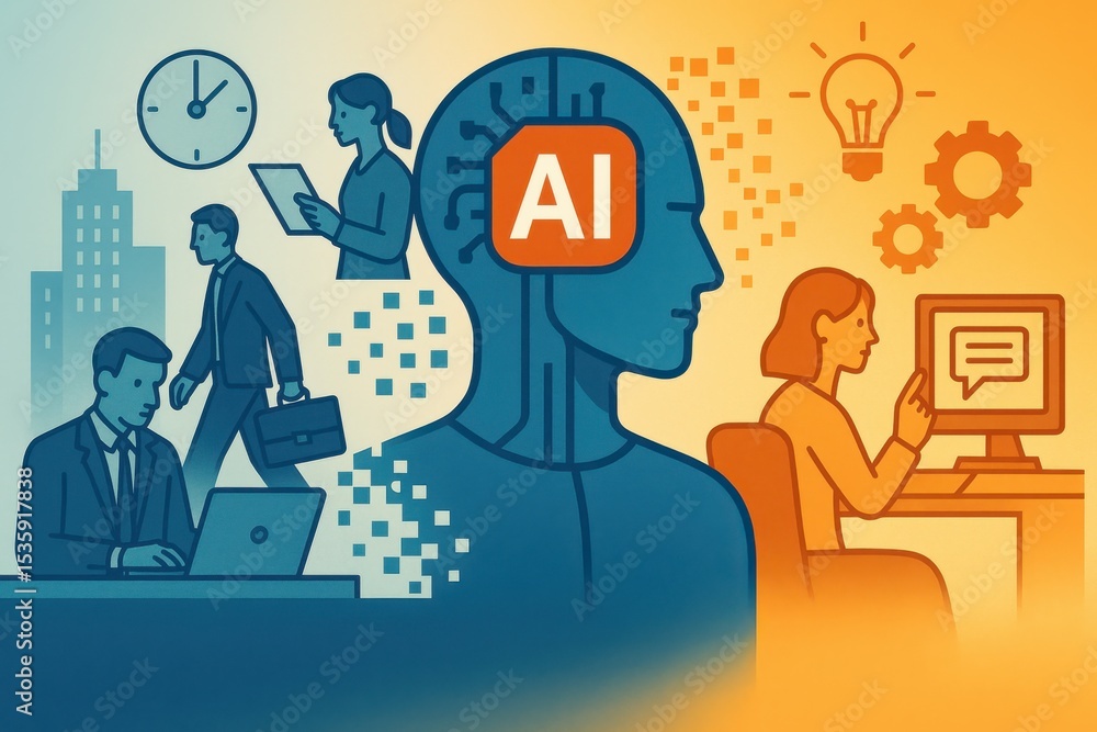 Poster artificial intelligence replacing human workforce in futuristic automated workplace