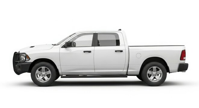 A pristine white pickup truck is displayed in a side profile view.