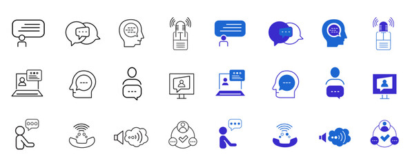Fototapeta premium Speaking line and solid icon set. Communication, discussion, speech bubble, talking, consultation, chat, dialog, man and conversation icons. UI icons set. Editable vector illustration