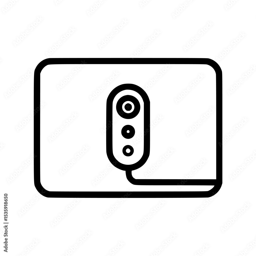 Poster simple line drawing of a smart home security camera system, showing a rectangular base unit and a co
