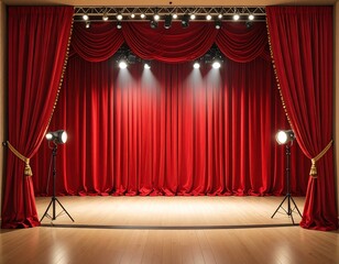 Empty stage with red curtains and spotlights