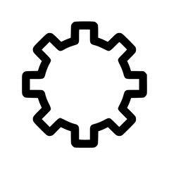 A simple, bold, black outline of a gear or cogwheel on a white background.