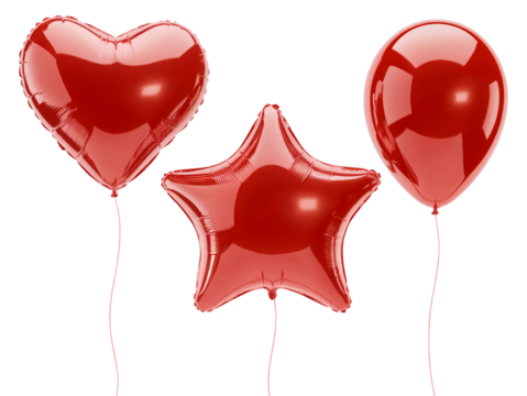Three red balloons heart star round shape festive party air love on transparent background