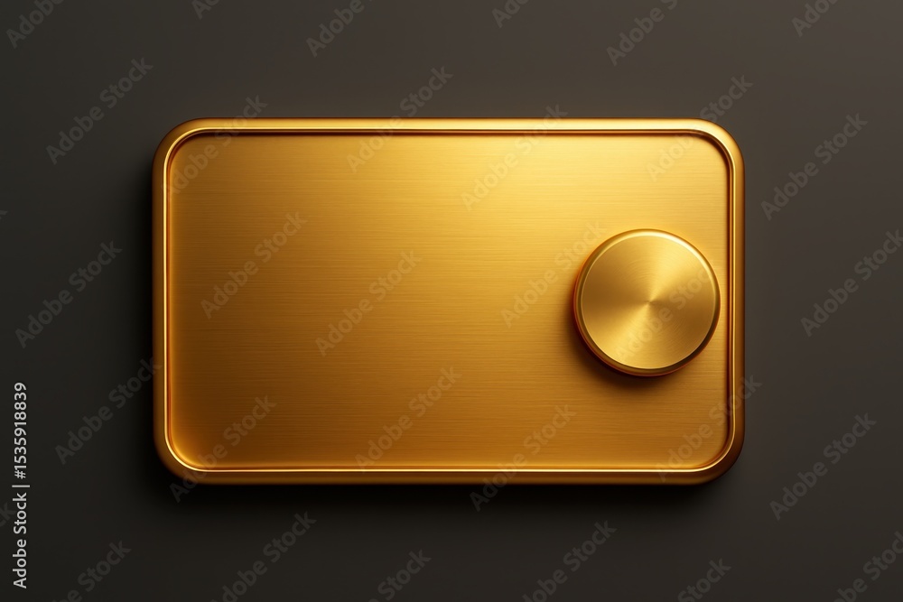 Poster liquid gold abstract button with glossy metallic finish and smooth rounded edges floating on white