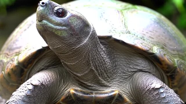 A closeup view of a darkcolored turtle with its head raised, showing intricate details of its shell and skin