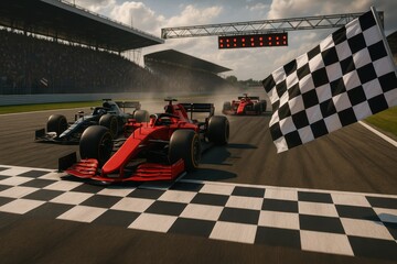 Obraz premium Formula 1 Racing Start Finish Line With Checkered Flag Pattern And High-Speed Motorsport Championship Atmosphere