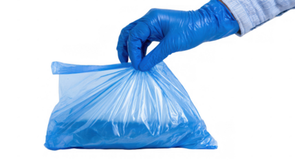 Scientist wearing blue gloves carefully seals contaminated items inside a transparent blue plastic bag, ensuring safe disposal or quarantine against a transparent background