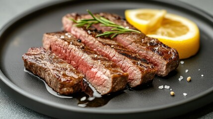 Sliced steak, rosemary, lemon