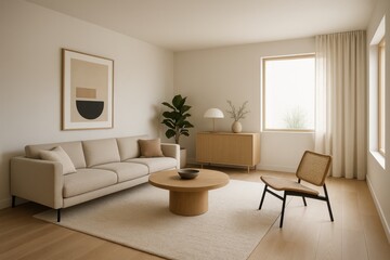 Fototapeta premium Sophisticated minimalist living space with high ceilings and harmonious green-white color palette