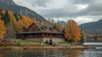 Fototapeta premium Stunning Autumn Cabin by a Mountain Lake