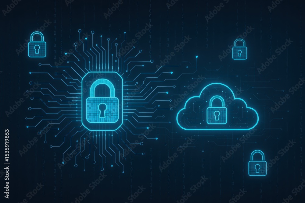 Aufkleber advanced cybersecurity visualization with glowing blue shield protecting digital information network