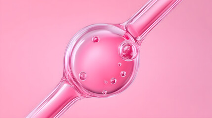 Clear serum drop with bubbles is suspended in glass tube against pink background, creating clean and modern aesthetic
