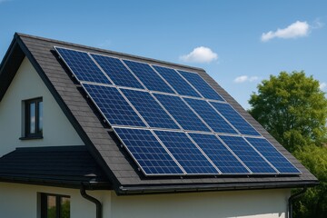 Fototapeta premium Modern Solar Panel Installation On Residential House Roof Representing Renewable Energy Technology And Sustainable Home Solutions