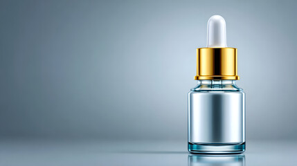 Naklejka premium Elegant glass dropper bottle with gold cap on reflective surface, showcasing luxury skincare packaging. minimalist design highlights sophistication and premium quality