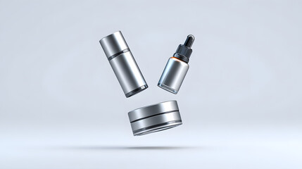 Floating arrangement of three modern cosmetic containers, including dropper bottle, jar, and tube, on minimalist background. sleek design and metallic finish convey elegance