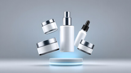 Floating cosmetic containers including airless bottles and jars are elegantly displayed against soft background, creating modern and sleek aesthetic