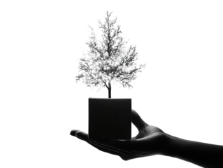 A silhouetted hand elegantly cradles a glowing tree, symbolizing growth and hope against a stark background.