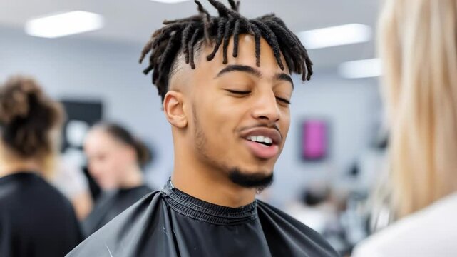 Smiling man with dreadlocks in barber shop