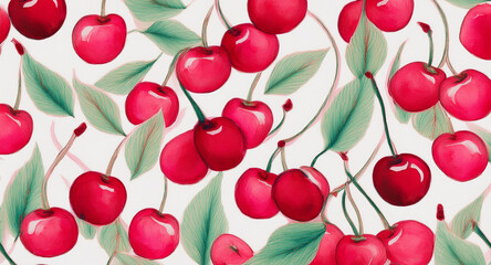Watercolor cherry print pattern, simple background. Cherry print,  watercolor background, paper texture, hand drawn print.