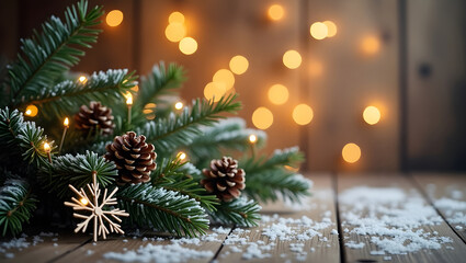 A rustic wooden surface dusted with snow, adorned with frosted evergreen branches, pine cones, a snowflake ornament, and twinkling golden bokeh lights. 