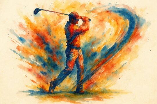 Dynamic watercolor golf swing sequence showing fluid motion from backswing to impact with splash effects