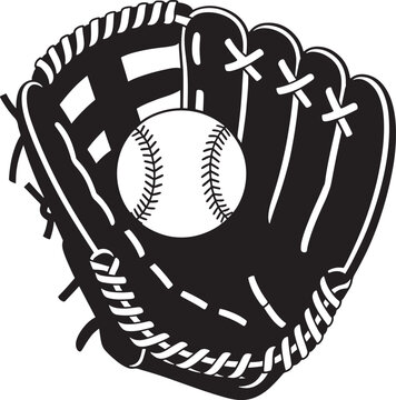 Baseball glove catching a ball in a black and white vector illustration