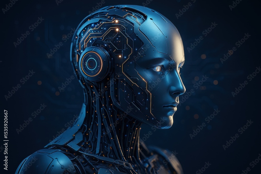 Aufkleber futuristic ai humanoid head with technological integration and artificial intelligence visualization