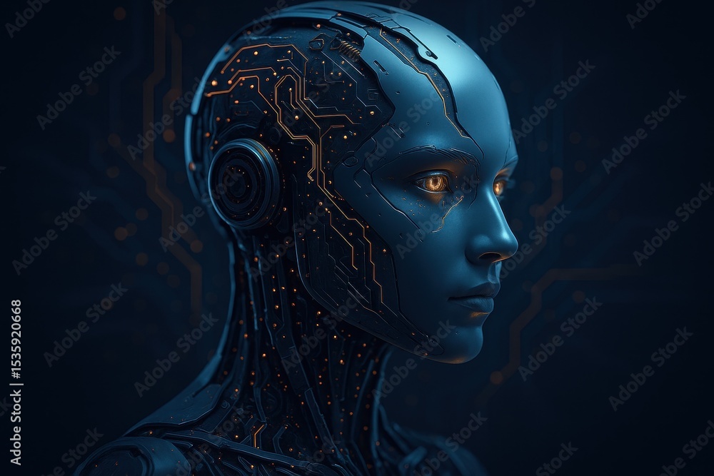 Aufkleber futuristic ai humanoid head with technological integration and artificial intelligence visualization