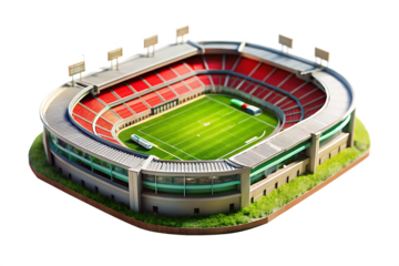 Detailed Model of a Modern Stadium with Red Seats Green Field and Scoreboards Isolated on a transparent background