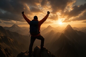 Fototapeta premium Mountain climber reaching summit peak with inspirational success and achievement symbolism