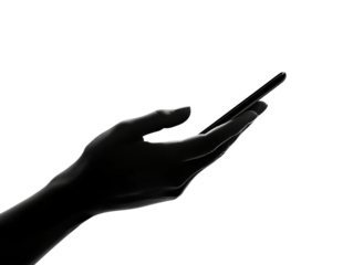 A close-up of a human hand, elegantly reaching for a smartphone against a stark black background.