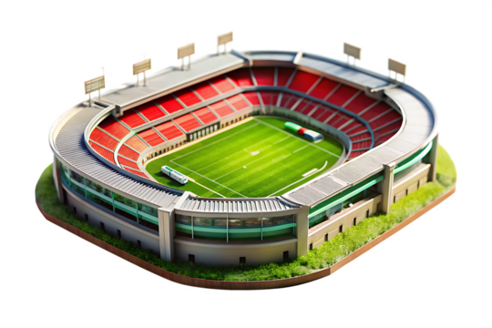 Detailed Model of a Modern Stadium with Red Seats Green Field and Scoreboards Isolated on a transparent background
