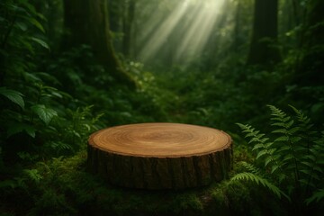 Natural forest product display podium surrounded by lush greenery and mystical lighting effects